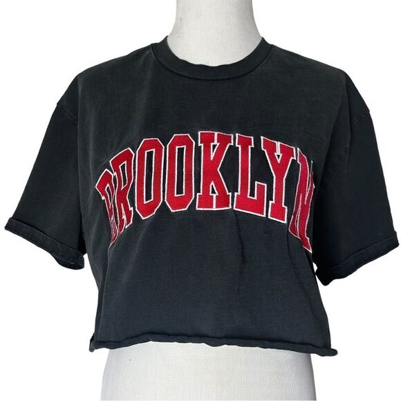 Brandy Melville Tops - John Galt PacSun Black Brooklyn Graphic Grunge Thick Cropped Raw Hem Tee Shirt